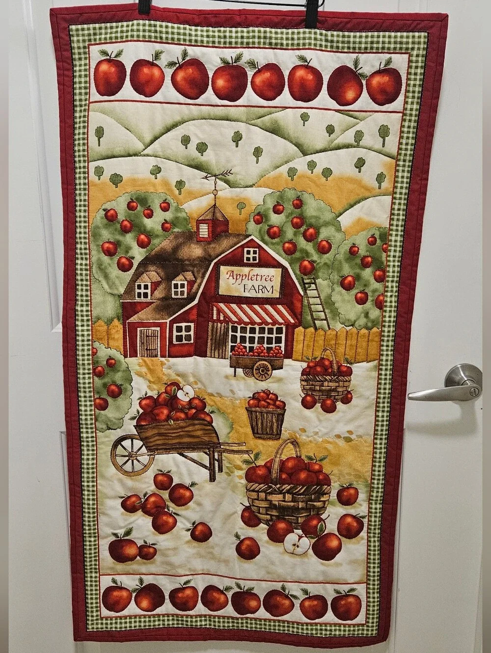 Vintage Quilted Wall Hanging Red Barn Apple Farm Country Cottagecore Tapestry
